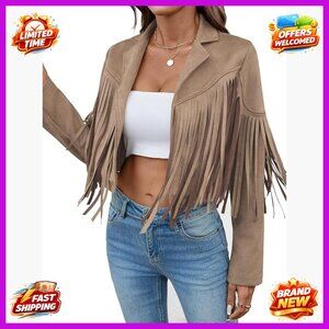 Faux Suede Cropped Jacket with Fringe Tassels and Lining